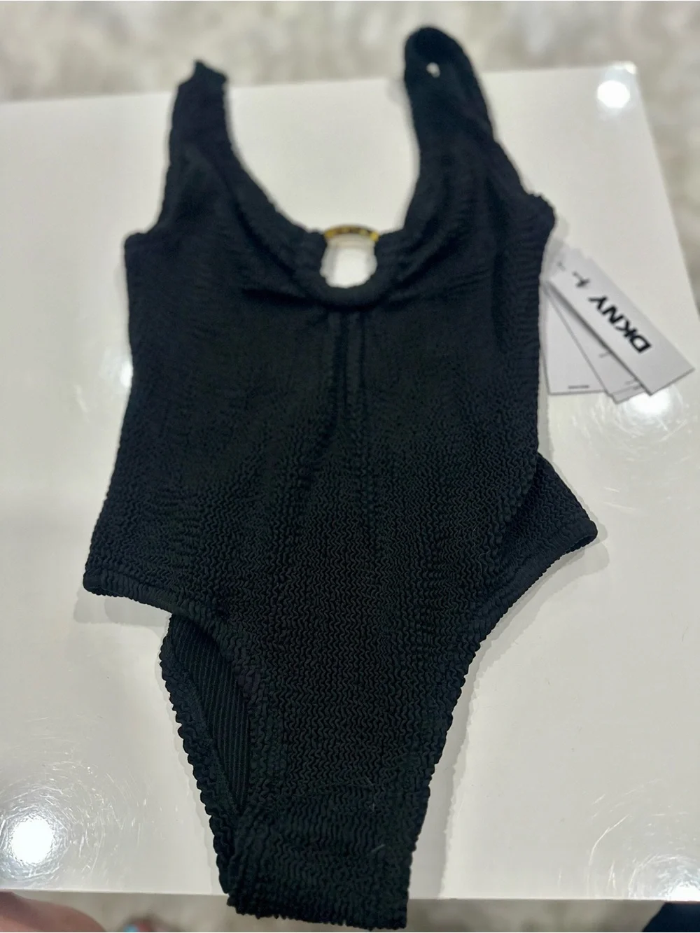 Dkny Black Textured One-Piece Swimsuit with Ring Detail